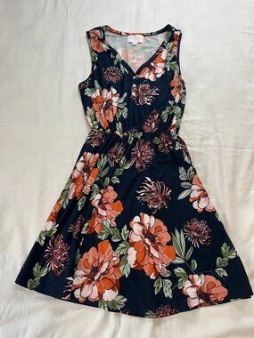 French Grey Navy Floral Print Sleeveless Dress